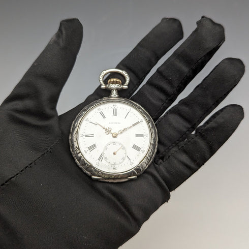 1911年頃 アンティーク ロンジン 懐中時計 浮彫彫刻 銀側オープンフェース 動作良好